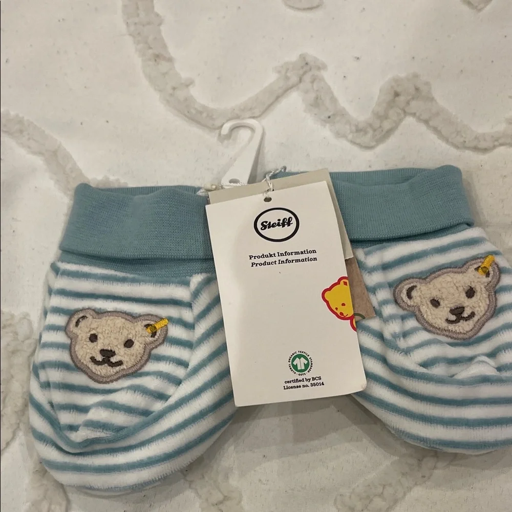 Cute Blue Striped Mittens with Bear Design